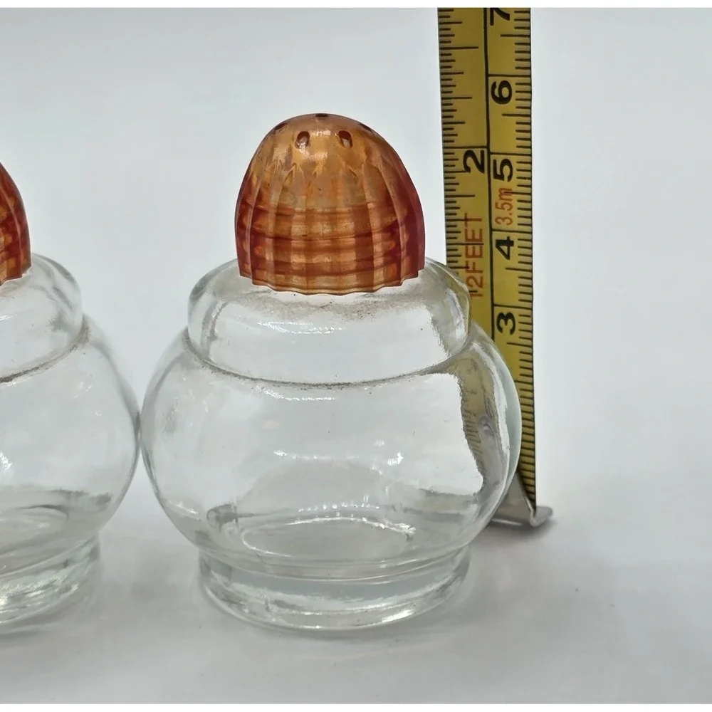 Vintage 1950s Midcentury Table Salt & Pepper Shakers Clear Glass, Red Orange Top